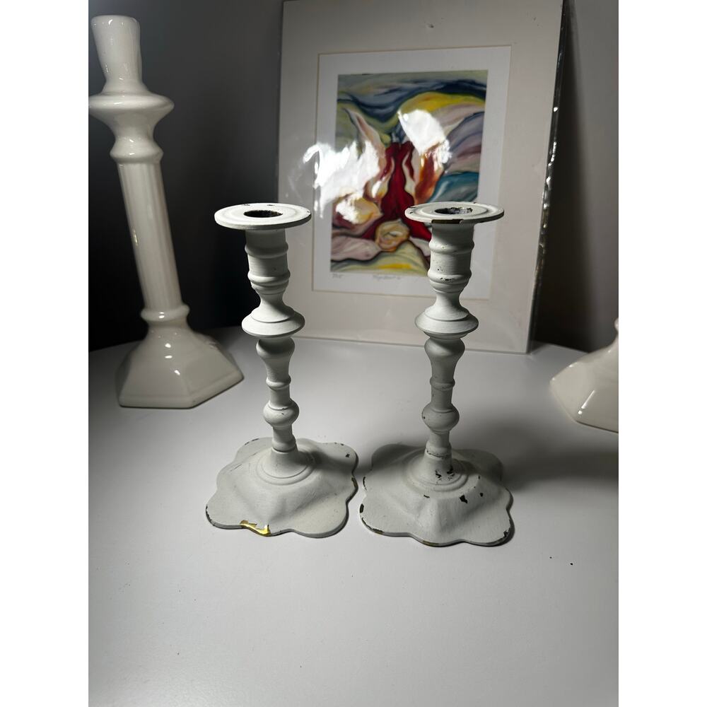 Antique style white and gold distressed candle holder